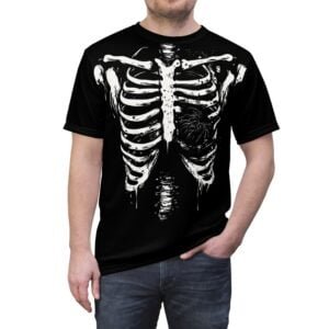 A black t-shirt with a striking white skeleton rib cage graphic design, worn by a model.